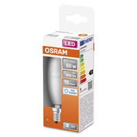 OSRAM LED-Lampen, klassische Minikerzenform, 60 Watts Ersatz, E14, B-shape, 6500 Kelvin, Kaltes Tageslicht, Matt OSRAM LED-Lampen, klassische Minikerzenform, 60 Watts Ersatz, E14, B-shape, 6500 Kelvin, Kaltes Tageslicht, Matt