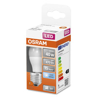 Lampade LED OSRAM, classica forma mini sferica, ricambio da 40 watt, E27, forma P, 4000 Kelvin, bianco freddo, opaco, confezione singola Lampade LED OSRAM, classica forma mini sferica, ricambio da 40 watt, E27, forma P, 4000 Kelvin, bianco freddo, opaco, confezione singola