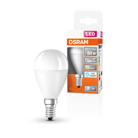 OSRAM LED-Lampen, klassische Miniballform, 60 Watts Ersatz, E14, P-shape, 6500 Kelvin, Kaltes Tageslicht, Matt OSRAM LED-Lampen, klassische Miniballform, 60 Watts Ersatz, E14, P-shape, 6500 Kelvin, Kaltes Tageslicht, Matt