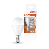 OSRAM LED-Lampen, klassische Miniballform, 60 Watts Ersatz, E14, P-shape, 4000 Kelvin, Kalt weiß, Matt OSRAM LED-Lampen, klassische Miniballform, 60 Watts Ersatz, E14, P-shape, 4000 Kelvin, Kalt weiß, Matt