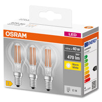 OSRAM LED Base Classic Lampadina LED (ex 40W) 4W / 2700K Confezione da 3 E14, Bianco caldo OSRAM LED Base Classic Lampadina LED (ex 40W) 4W / 2700K Confezione da 3 E14, Bianco caldo