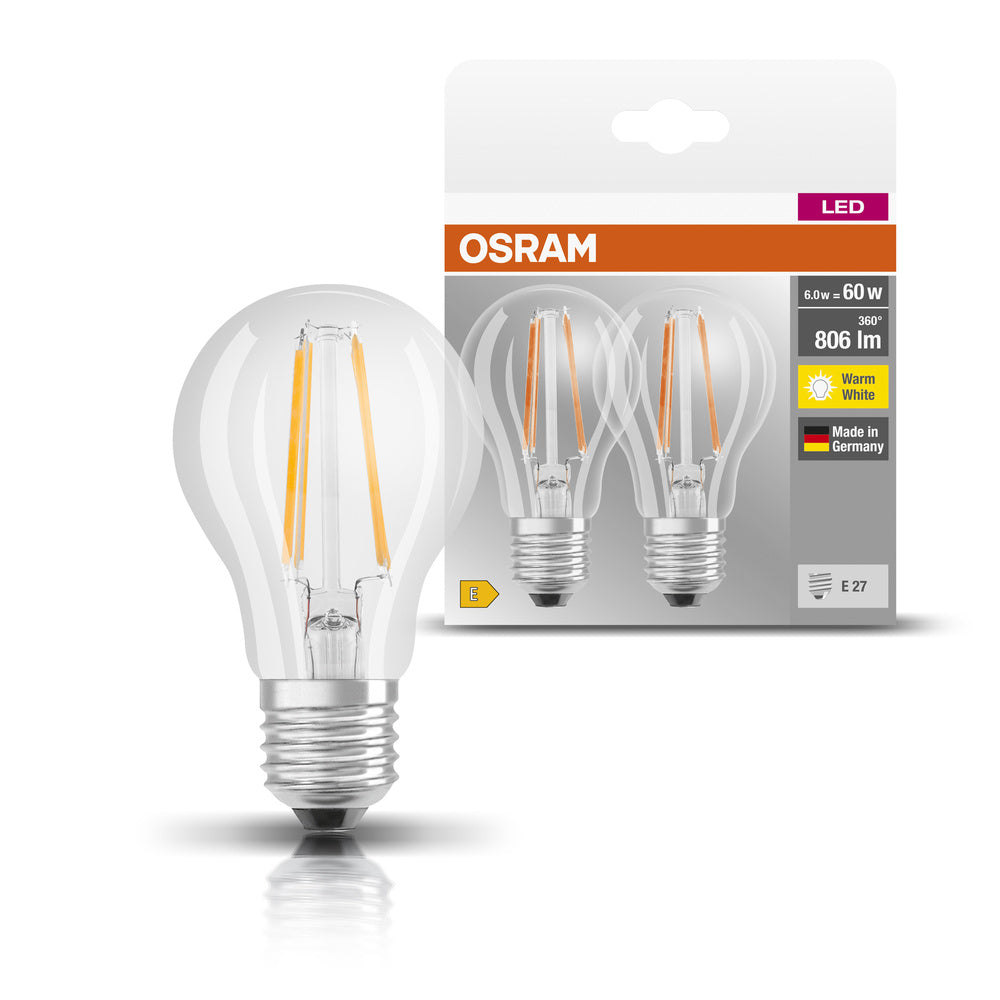OSRAM LED Base Classic A, in Kolbenform mit E27-Sockel, Nicht Dimmbar, Ersetzt 60 Watt, Filamentstil Klar, Warmweiß - 2700 Kelvin, 2er-Pack
