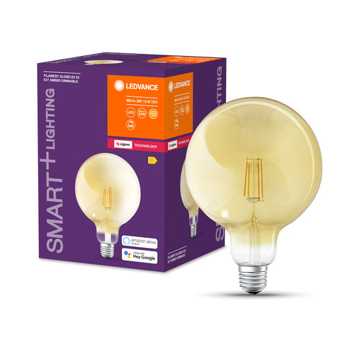 Lampada LED LEDVANCE Smart con ZigBee, attacco E27, dimmerabile, bianco caldo (2400K), forma globo dorato, filamento trasparente, ricambio per lampadine da 55W, controllabile con sistemi come Alexa, Google ecc.