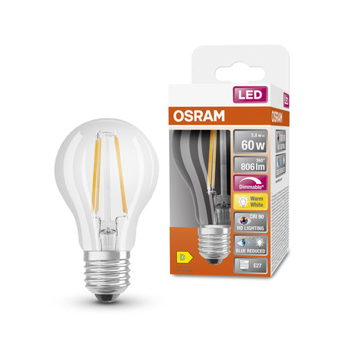 OSRAM Dimmbare LED-Lampe LED SUPERSTAR+ CL A FIL 60 dim 5,8W/927 E27 CRI90 BOX