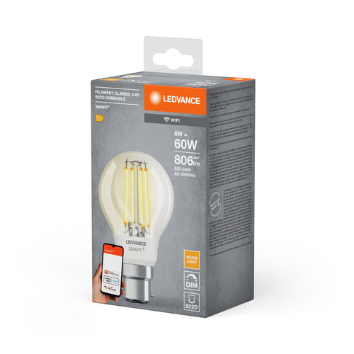 LEDVANCE Classic bulb shape with filament-style with WiFi technology,6 W, Warm weiß, B22, 1-er Pack