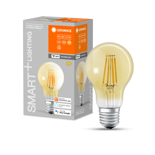 LEDVANCE Lampada LED Smart con tecnologia WiFi in vetro dorato, attacco E27, dimmerabile, bianco caldo (2400K), sostituisce lampadine a incandescenza da 53 W, SMART+ WiFi Classic Dimmable, confezione da 1