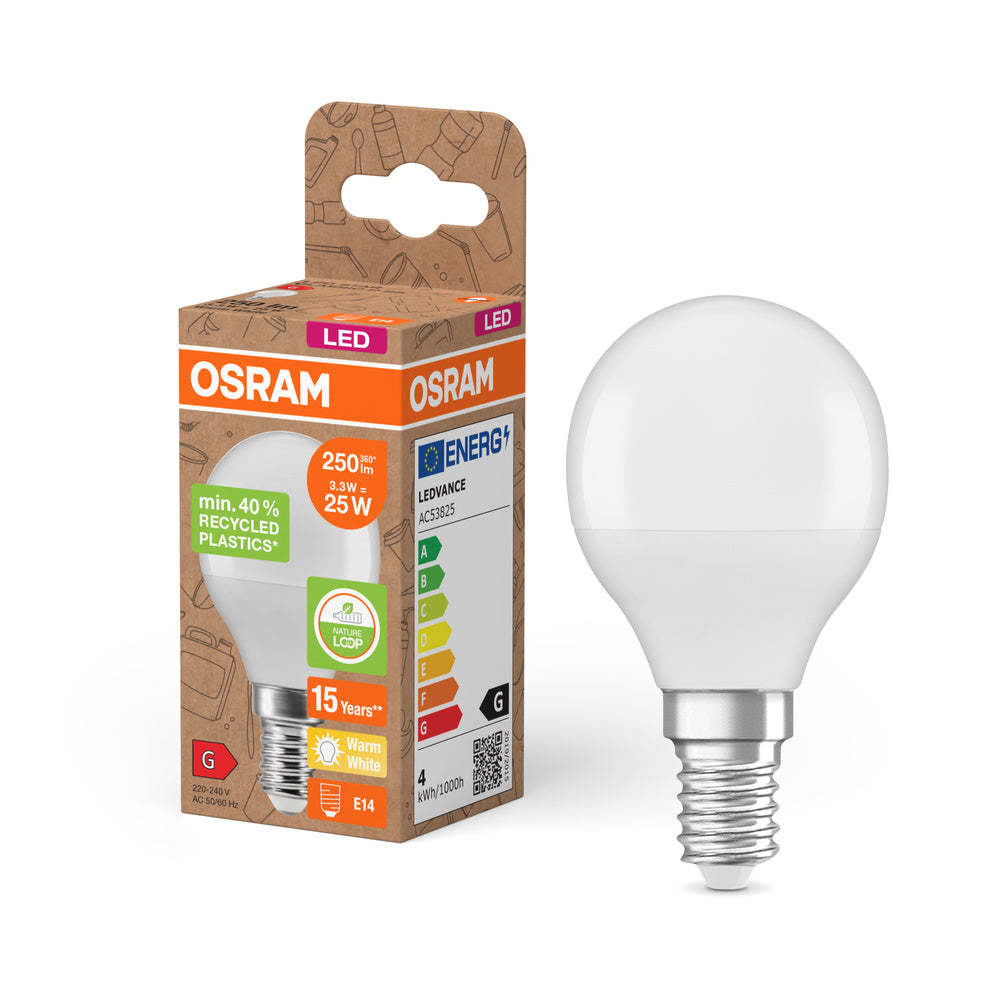 OSRAM LED Star Classic P 25 Lampade Recycled Plastic 3,3W Bianco Caldo Frosted E14