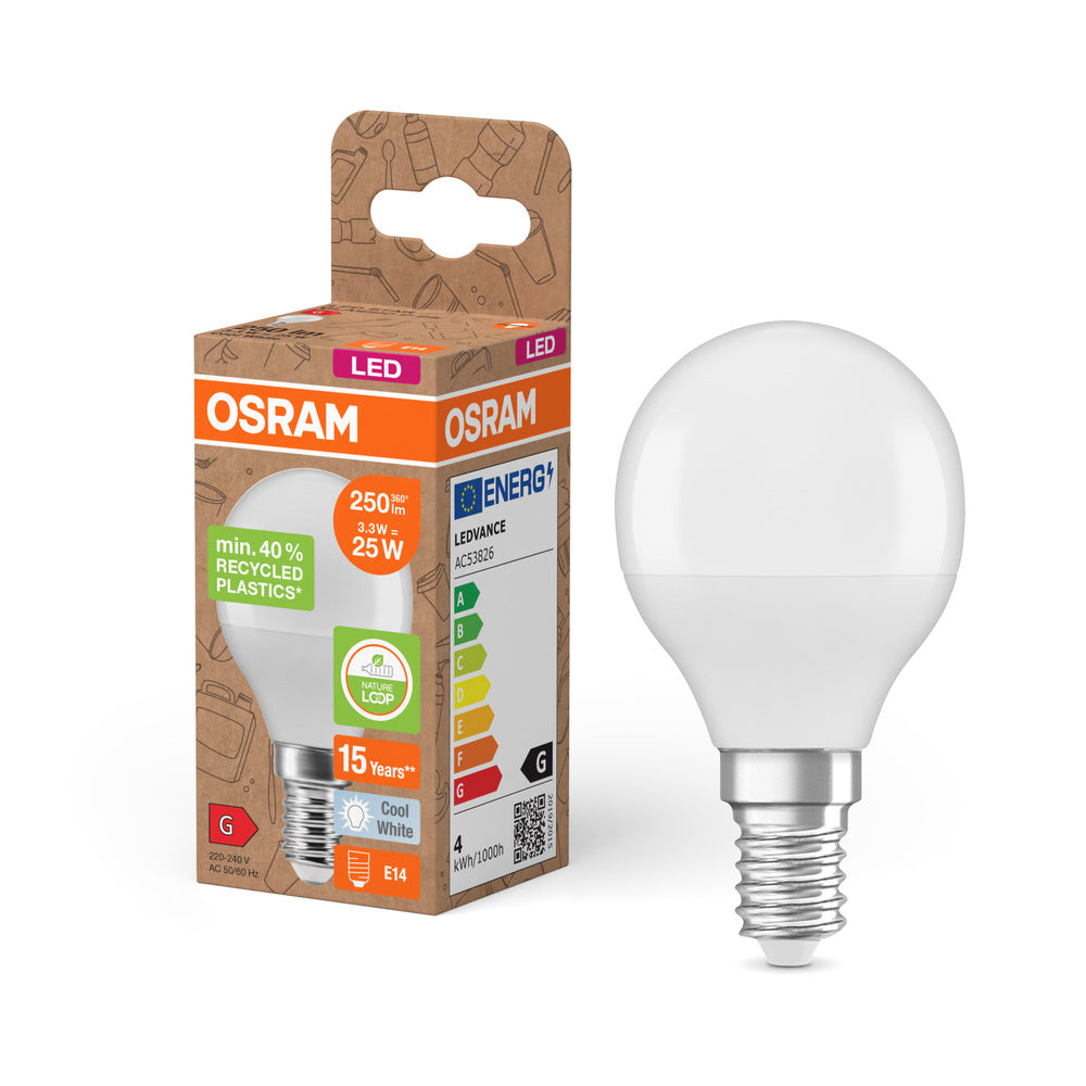 OSRAM LED Star Classic P 25 Lampade Recycled Plastic 3,3W Bianco freddo Frosted E14