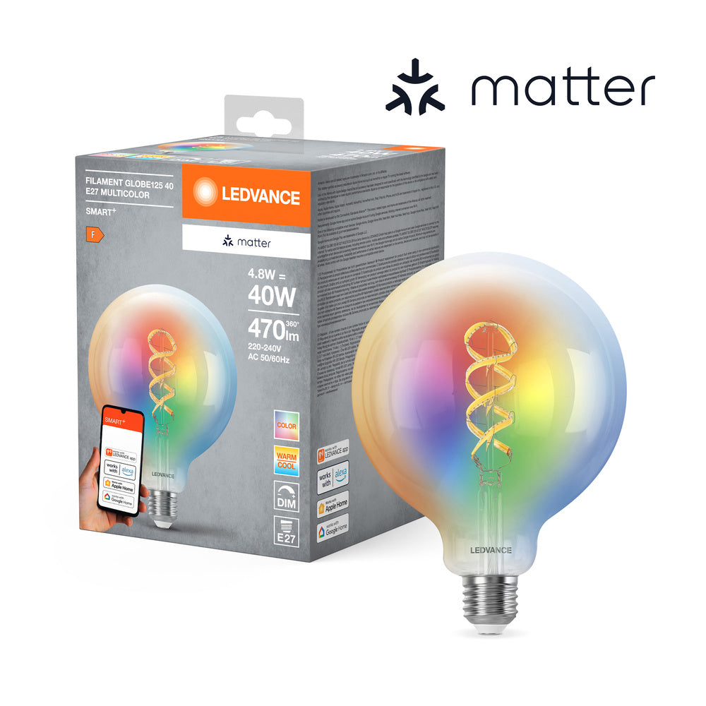 LEDVANCE SMART+ MATTER LED-Lampe CLASSIC Globe, RGB, Filamentglas, 4,8W, 470lm, E27