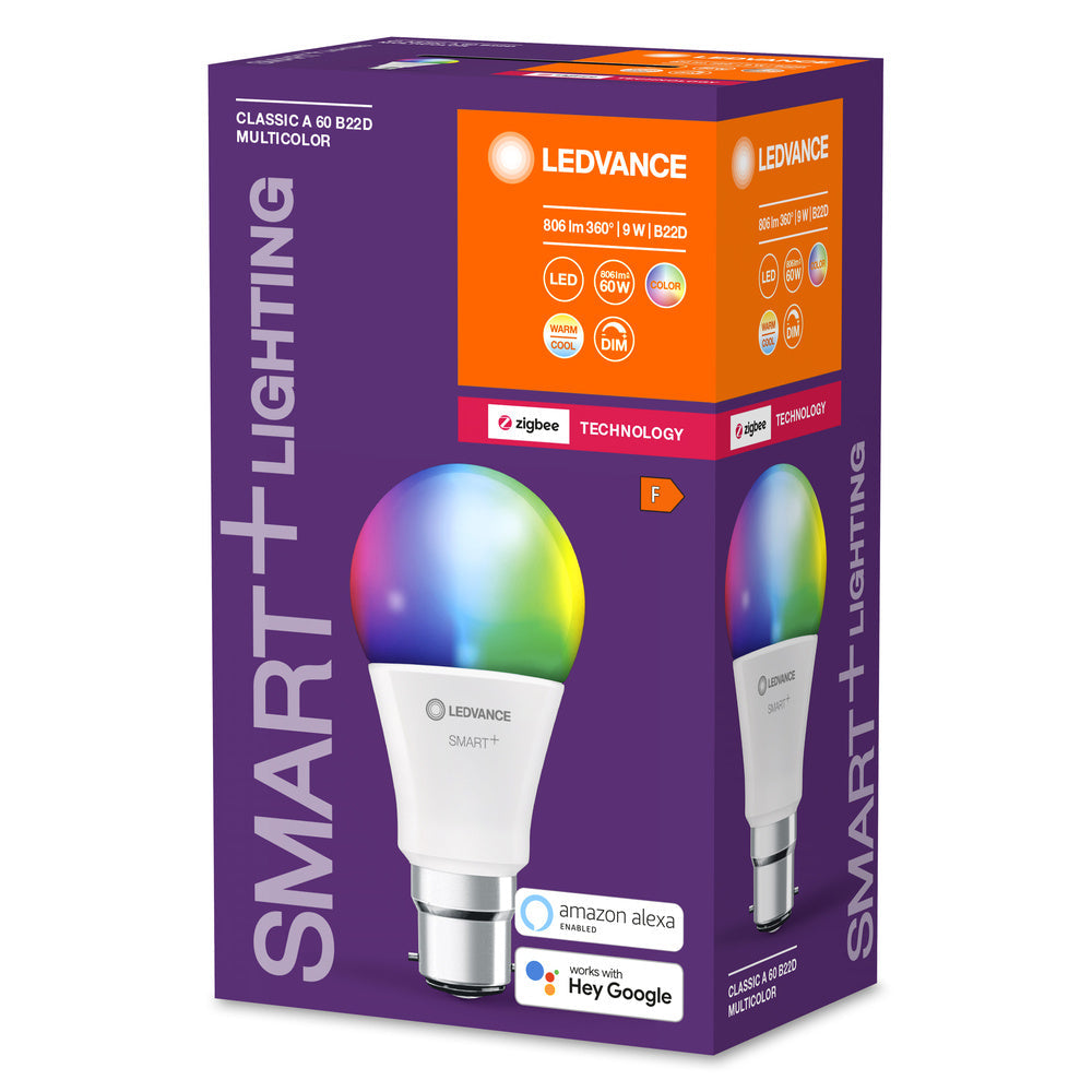 Lampada LEDVANCE Smart+ con tecnologia ZigBee, 9W, A60, opaca, attacco B22D, colore della luce RGBW regolabile, 806lm, confezione da 1