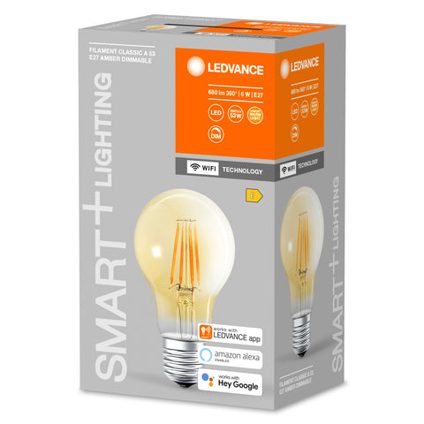 Lampada LED LEDVANCE Smart con tecnologia WiFi in vetro dorato, attacco E27, dimmerabile, bianco caldo (2400K), sostituisce le lampade a incandescenza con 53 W, SMART+ WiFi Classic dimmerabile, confezione da 1