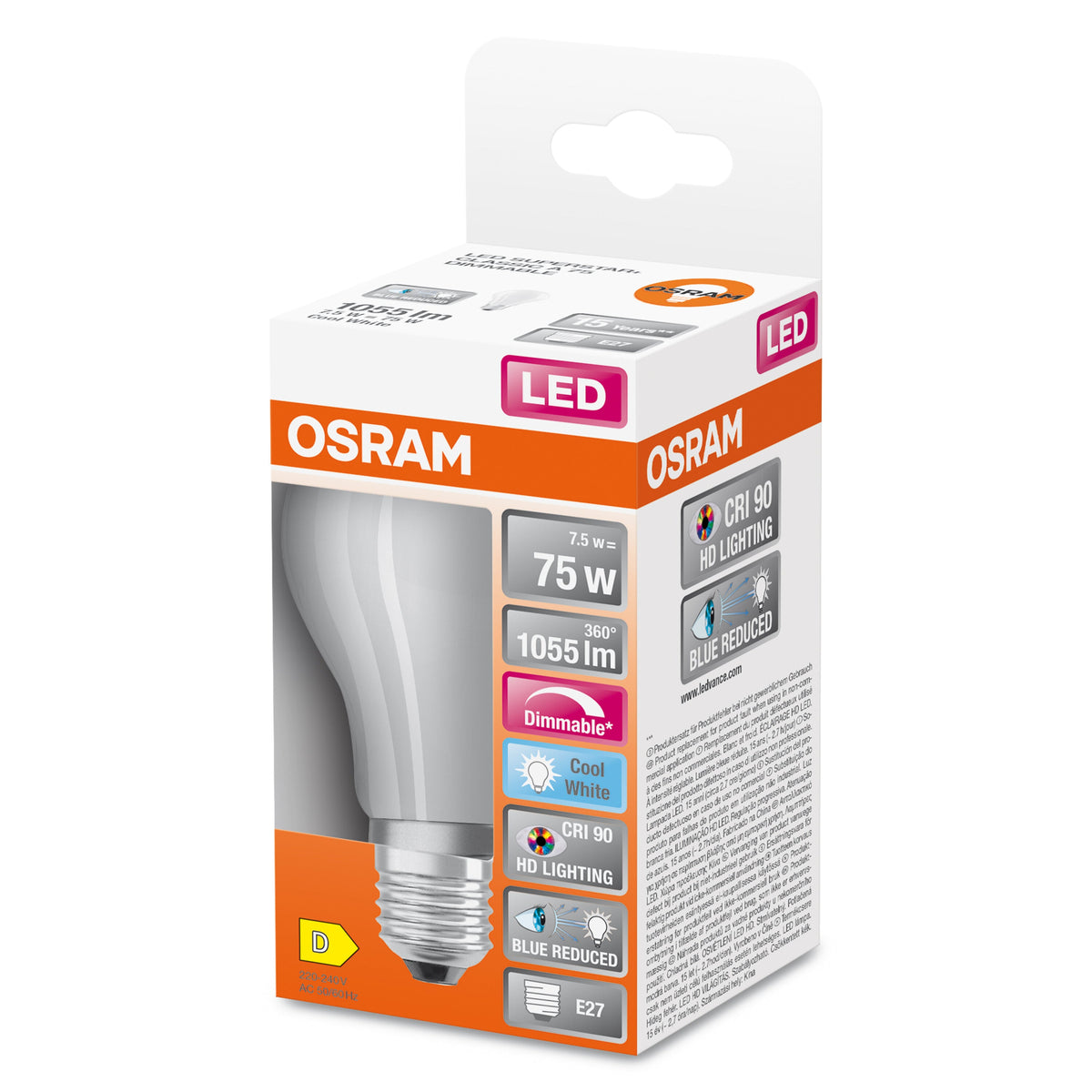 OSRAM Dimmbare LED-Lampe LED SUPERSTAR+ CL A GL FR 75 dim 7,5W/940 E27 CRI90 BOX