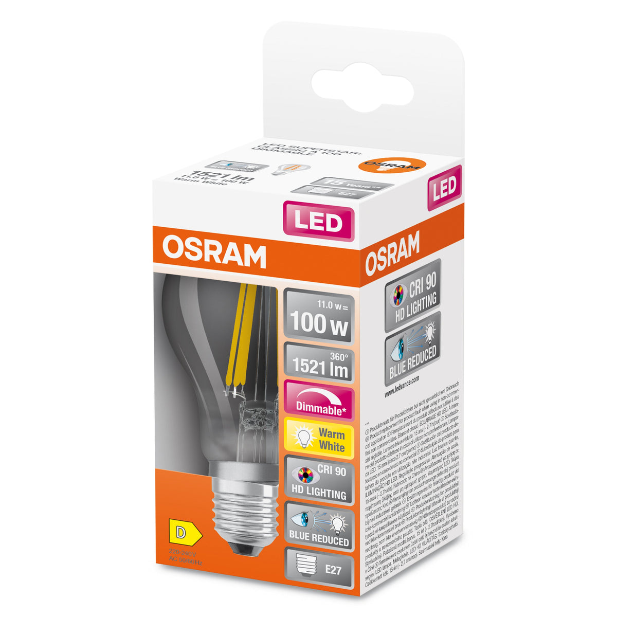 Lampada LED dimmerabile OSRAM LED SUPERSTAR+ CL A FIL 100 dim 11W/927 E27 CRI90 BOX