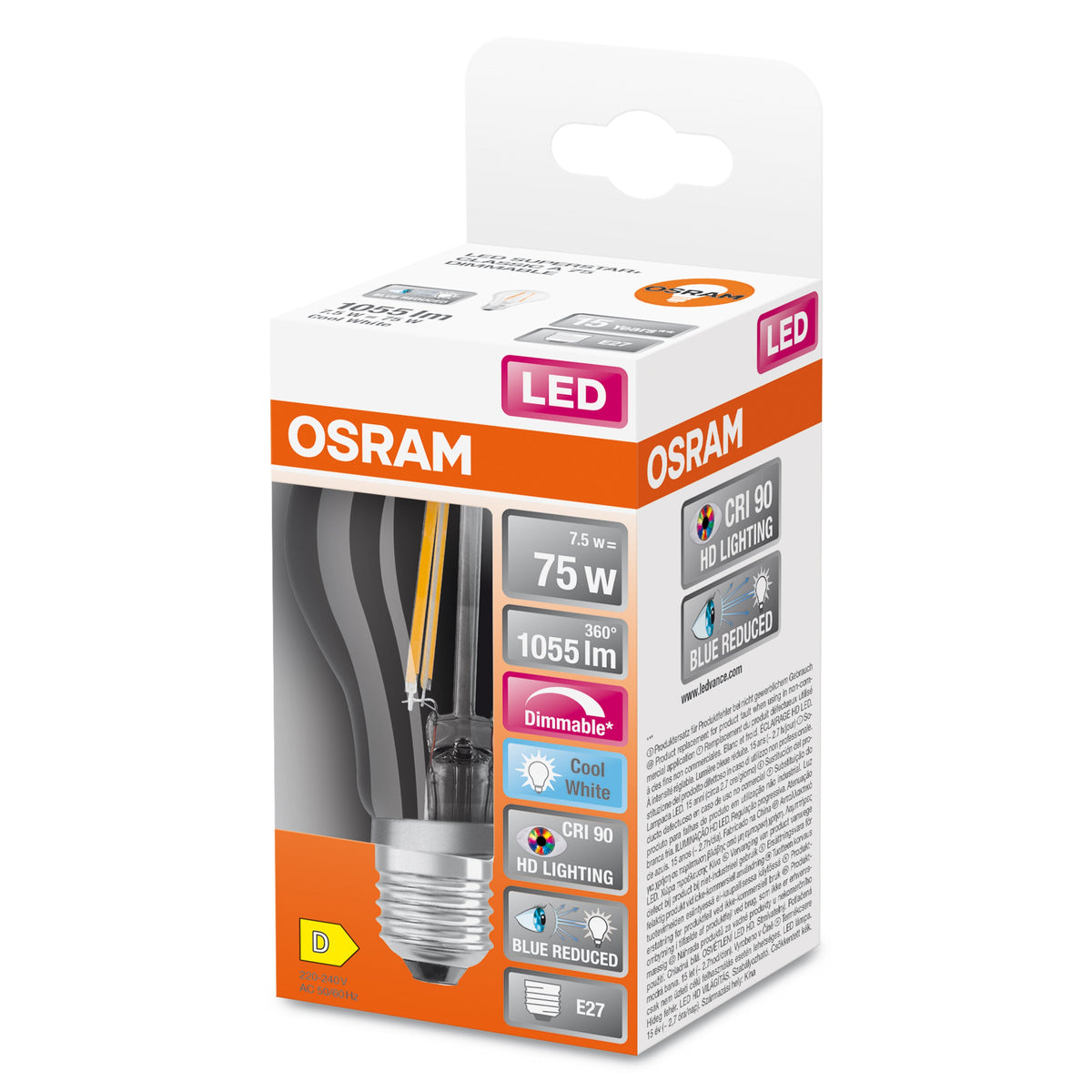 Lampada LED dimmerabile OSRAM LED SUPERSTAR+ CL A FIL 75 dim 7.5W/940 E27 CRI90 BOX