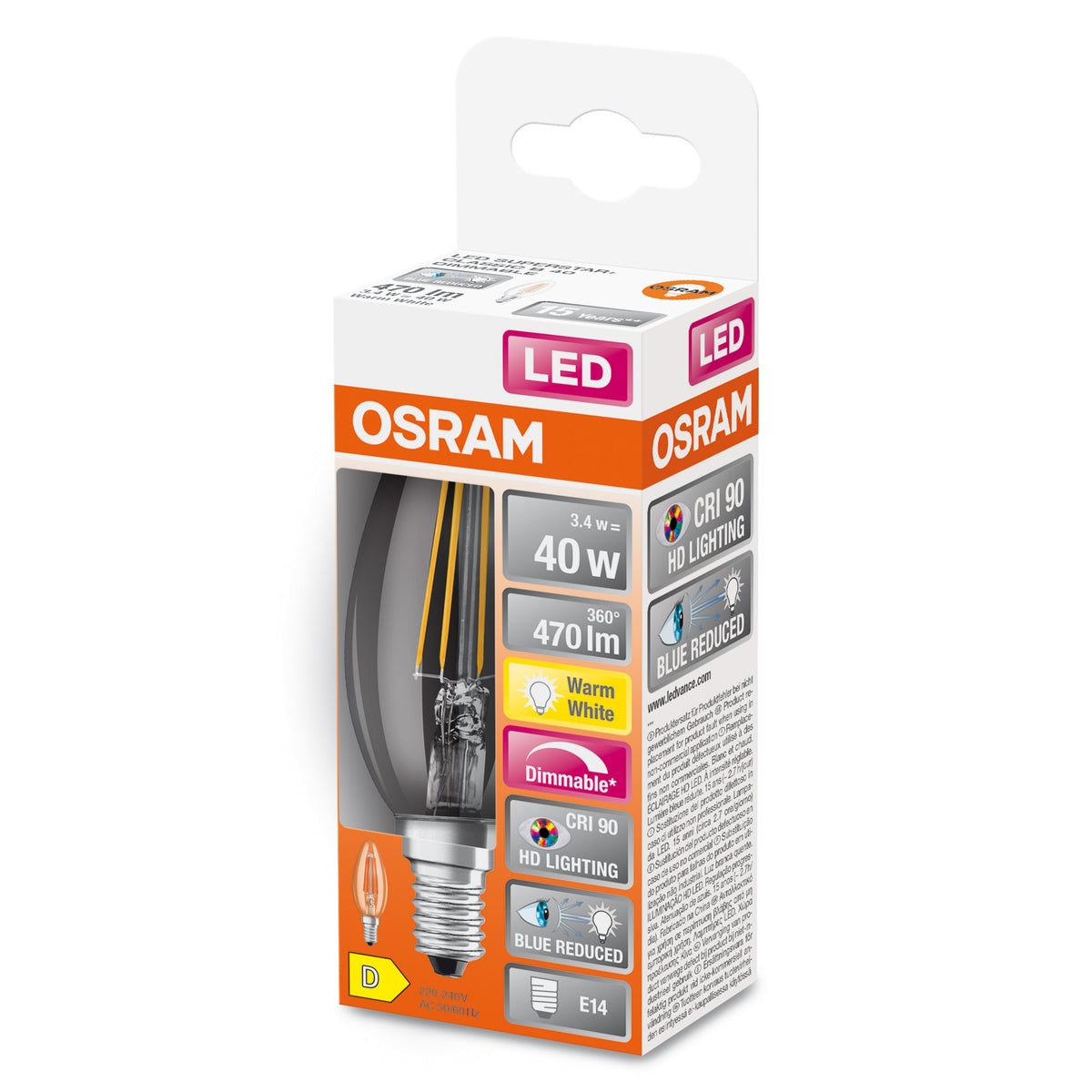 OSRAM Dimmbare LED-Lampe LED SUPERSTAR+ CL B FIL 40 dim 3,4W/927 E14 CRI90 BOX