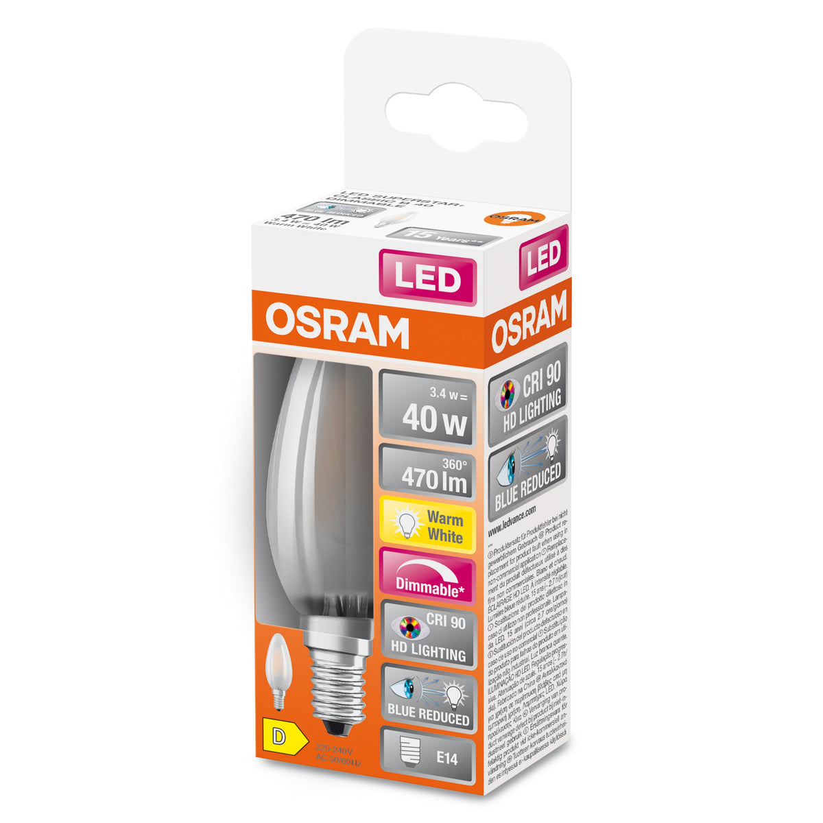 OSRAM Dimmbare LED-Lampe LED SUPERSTAR+ CL B GL FR 40 dim 3,4W/927 E14 CRI90 BOX