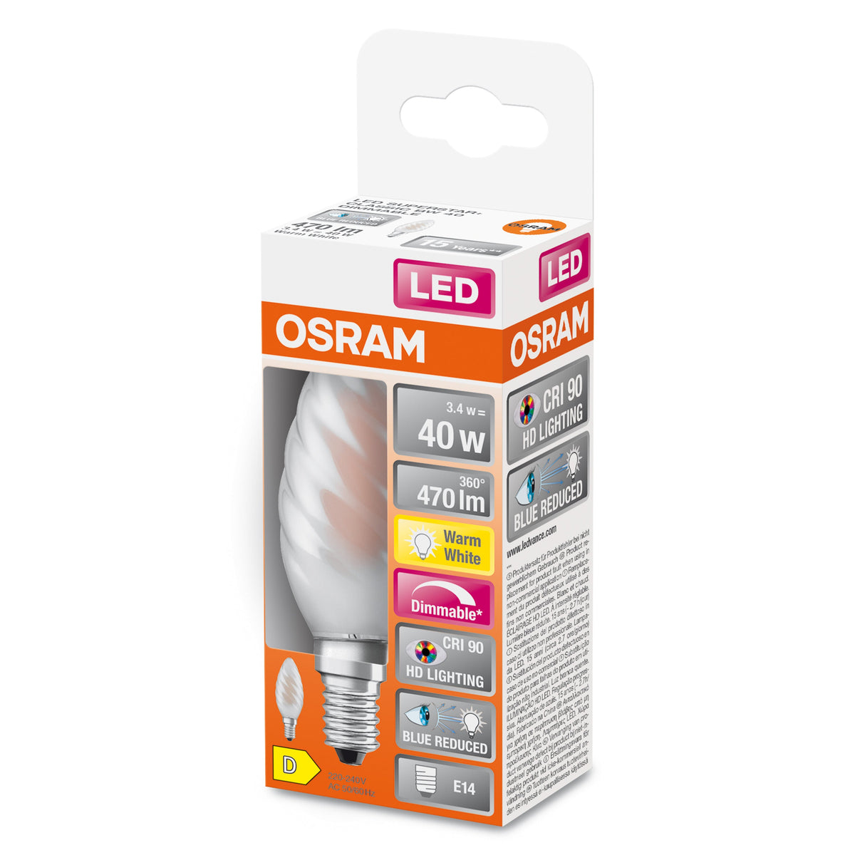 OSRAM Dimmbare LED-Lampe LED SUPERSTAR+ CL BW GL FR 40 dim 3,4W/927 E14 CRI90 BOX