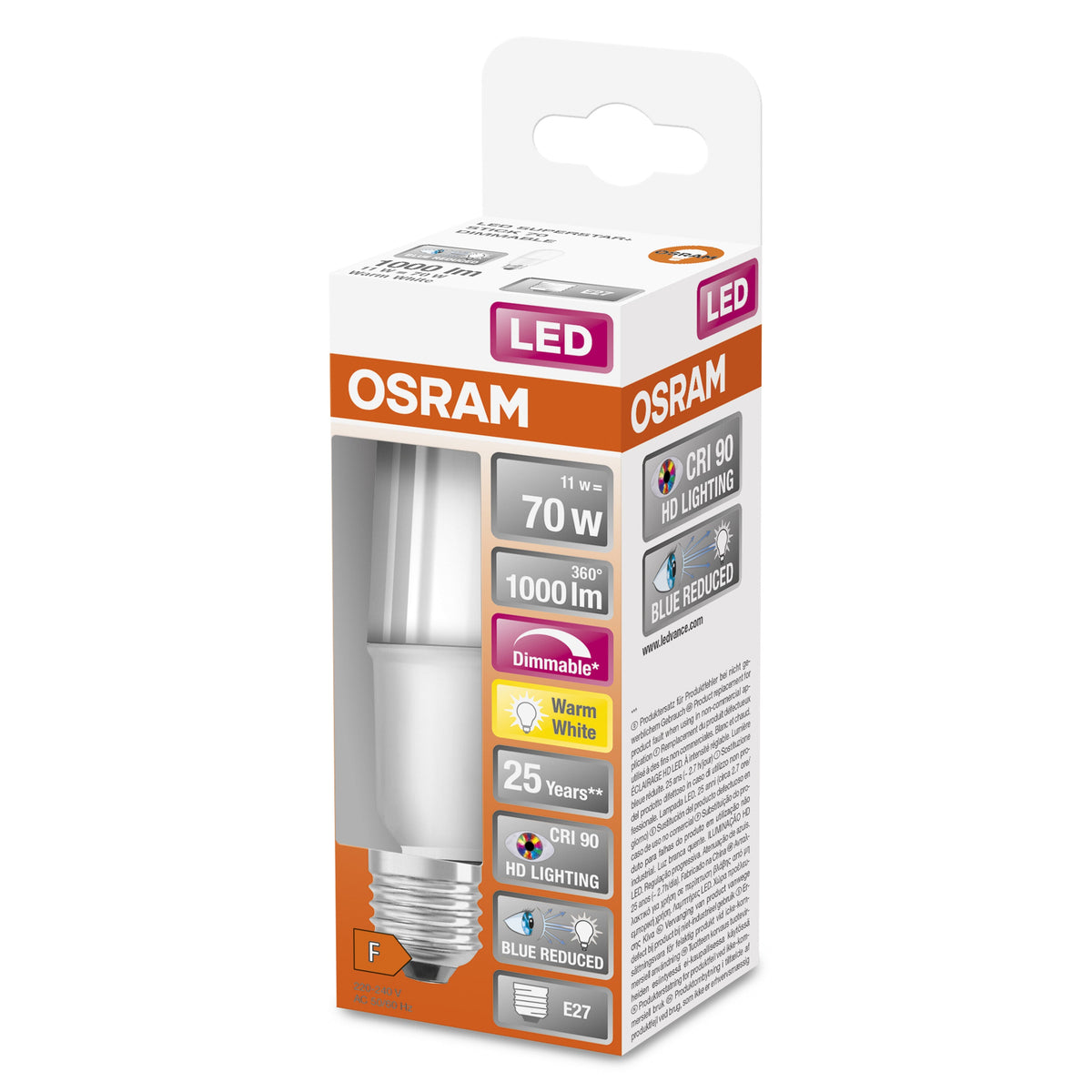OSRAM Dimmbare LED-Lampe LED SUPERSTAR+ CL STICK FR 75 DIM 11W/827 E27 CRI90 BOX