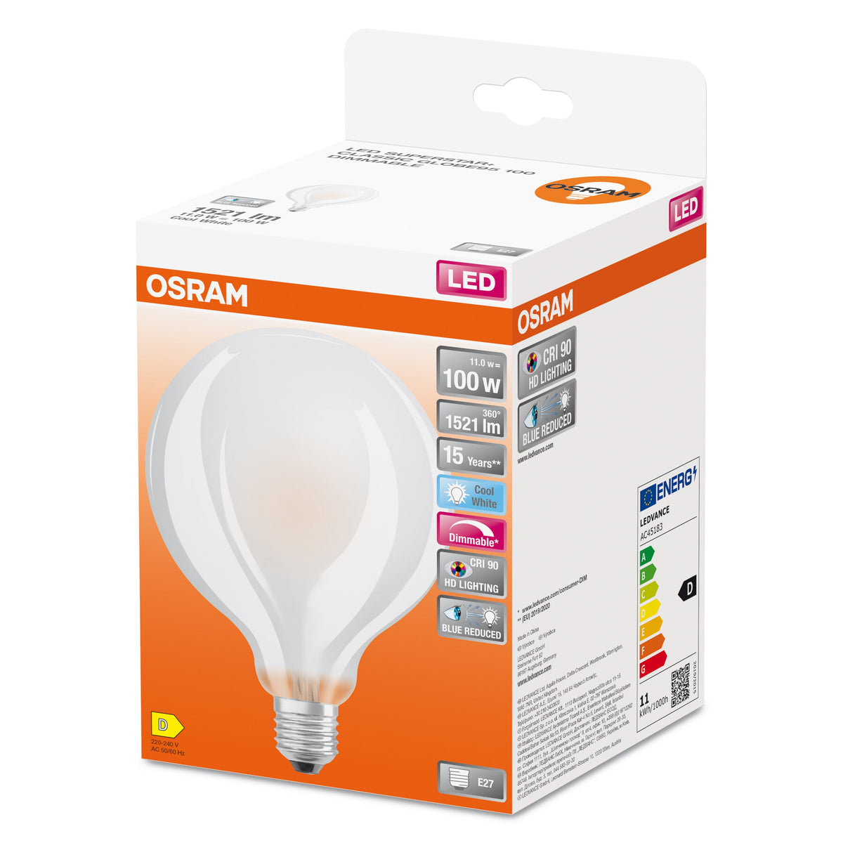 OSRAM Dimmbare FILAMENT LED-Lampe LED SUPERSTAR+ CL GLOBE95 GL FR 100 dim 11W/940 E27 CRI90 BOX
