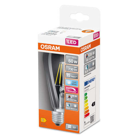 OSRAM Dimmbare FILAMENT LED-Lampe LED SUPERSTAR+ CL Edison FIL 60 dim 5,8W/940 E27 CRI90 BOX