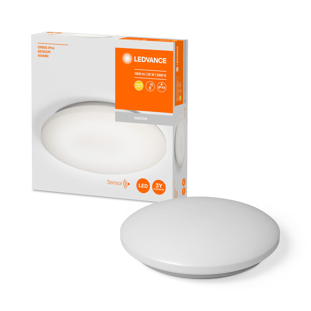 Plafoniera LED LEDVANCE alluminio bianco, IP44 con sensore, 21W, 1800LM, 3000K, applique e plafoniera ORBIS da 400mm,