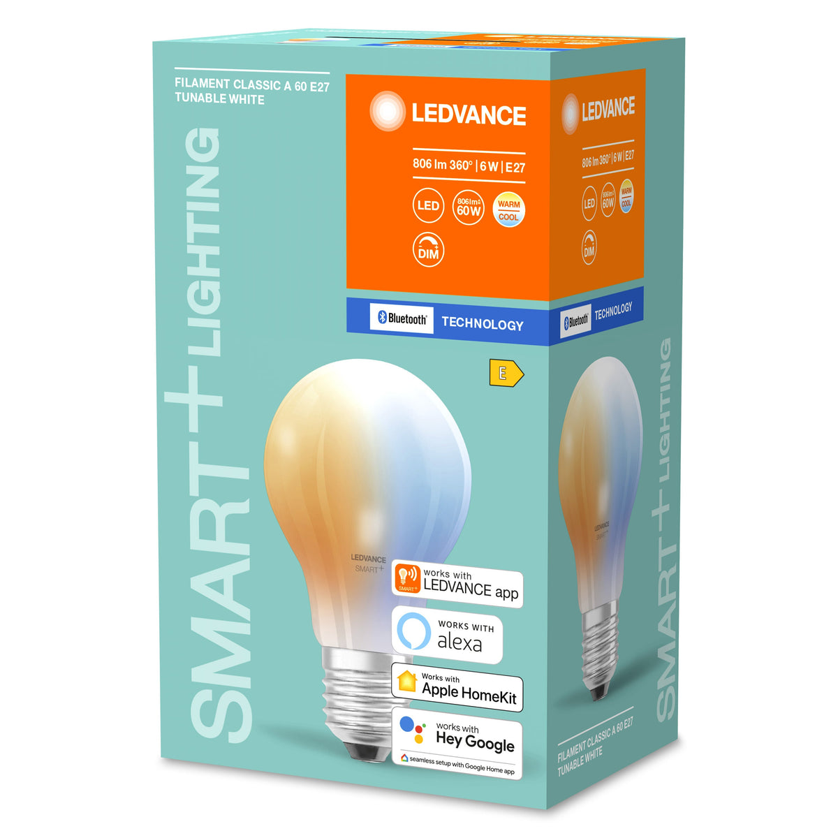 Lampada LED LEDVANCE Smart con tecnologia Bluetooth in vetro, attacco E27, dimmerabile, colore della luce variabile (2700-6500K), sostituisce le lampade a incandescenza con 60 W, SMART+ BT Classic Tunable White, confezione da 1