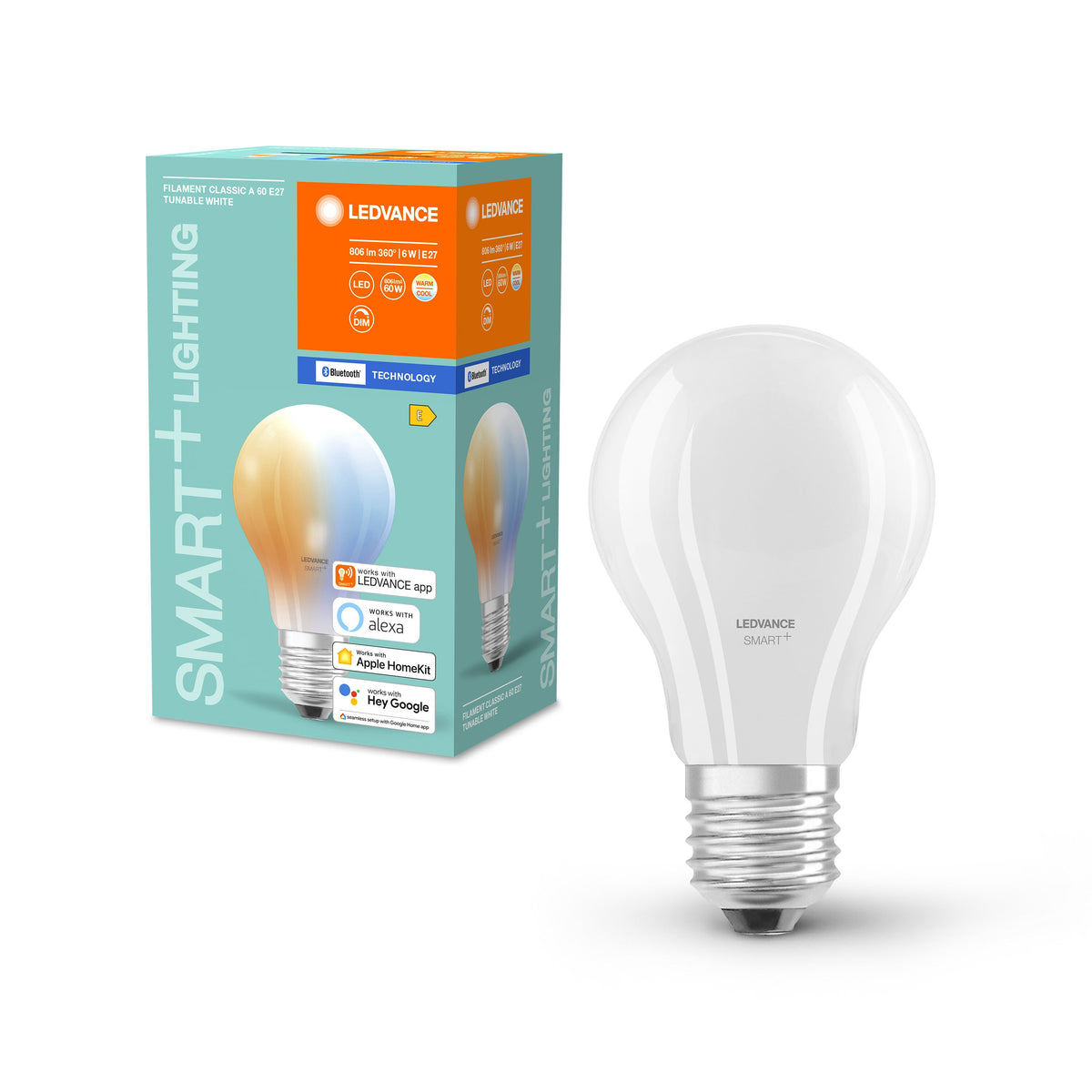 LEDVANCE Smarte LED-Lampe mit Bluetooth Technologie in Glas, Sockel E27, Dimmbar, Lichtfarbe änderbar (2700-6500K), ersetzt Glühlampen mit 60 W, SMART+ BT Classic Tunable White, 1er-Pack