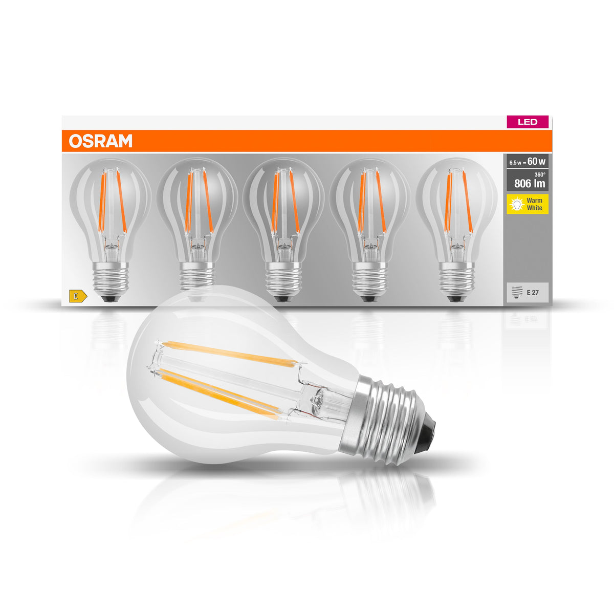 OSRAM Lampadina LED BASE Classic A 60 filamento, luce calda E27 - Conf. da 5