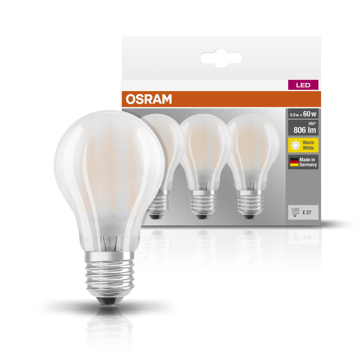 OSRAM Lampadina LED BASE Classic A 60 filamento, luce calda E27 - Conf. da 3