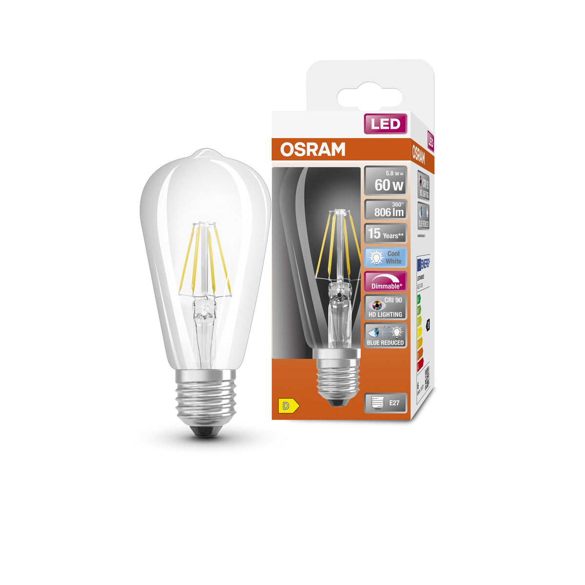 Lampada LED OSRAM FILAMENTO dimmerabile LED SUPERSTAR+ CL Edison FIL 60 dim 5.8W/940 E27 CRI90 BOX
