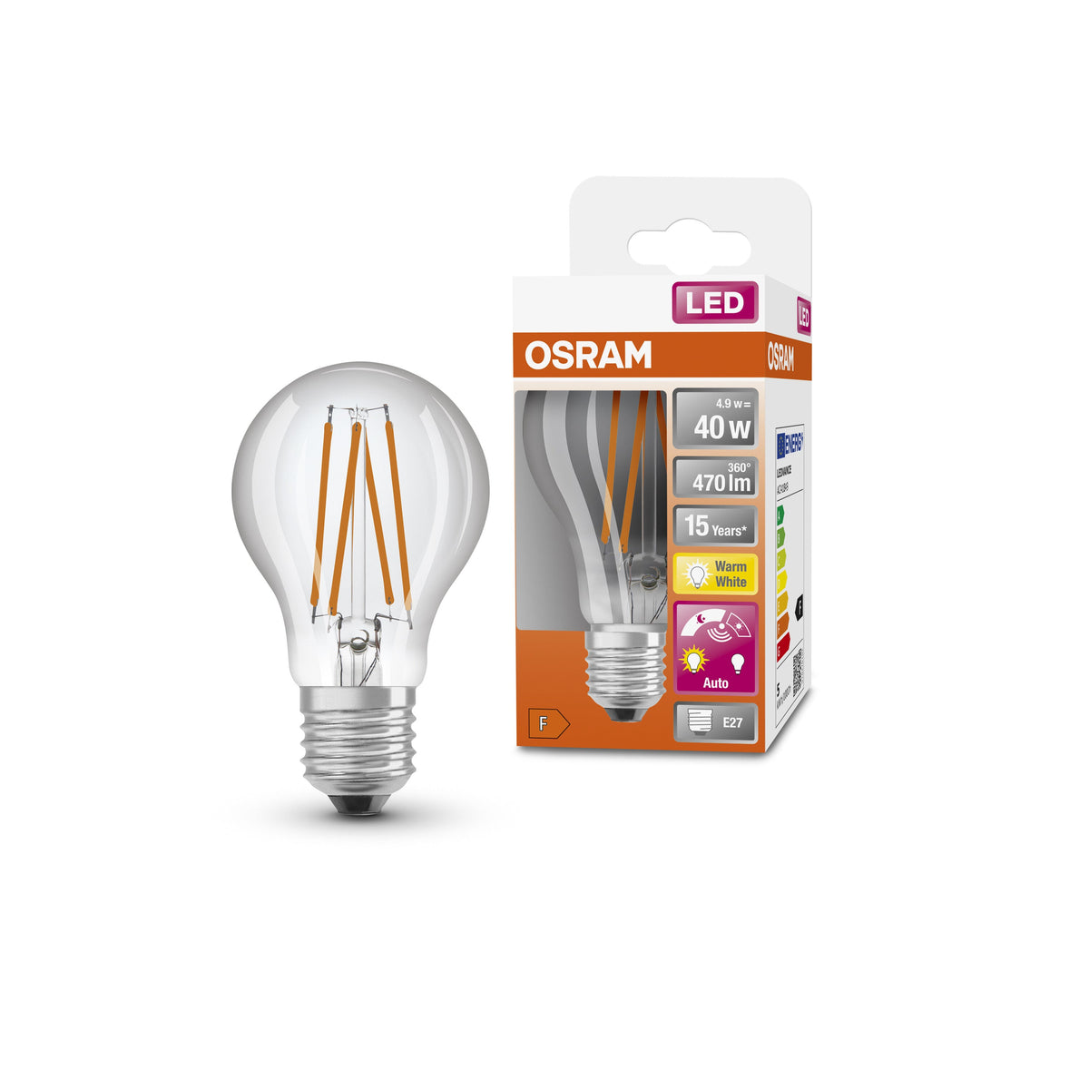 Lampada LED OSRAM Star+ con sensore di luce diurna per attacco E27, aspetto filamento, bianco caldo (2700K), 470 lumen, ricambio per lampadine convenzionali da 40 W, non dimmerabile, confezione da 1