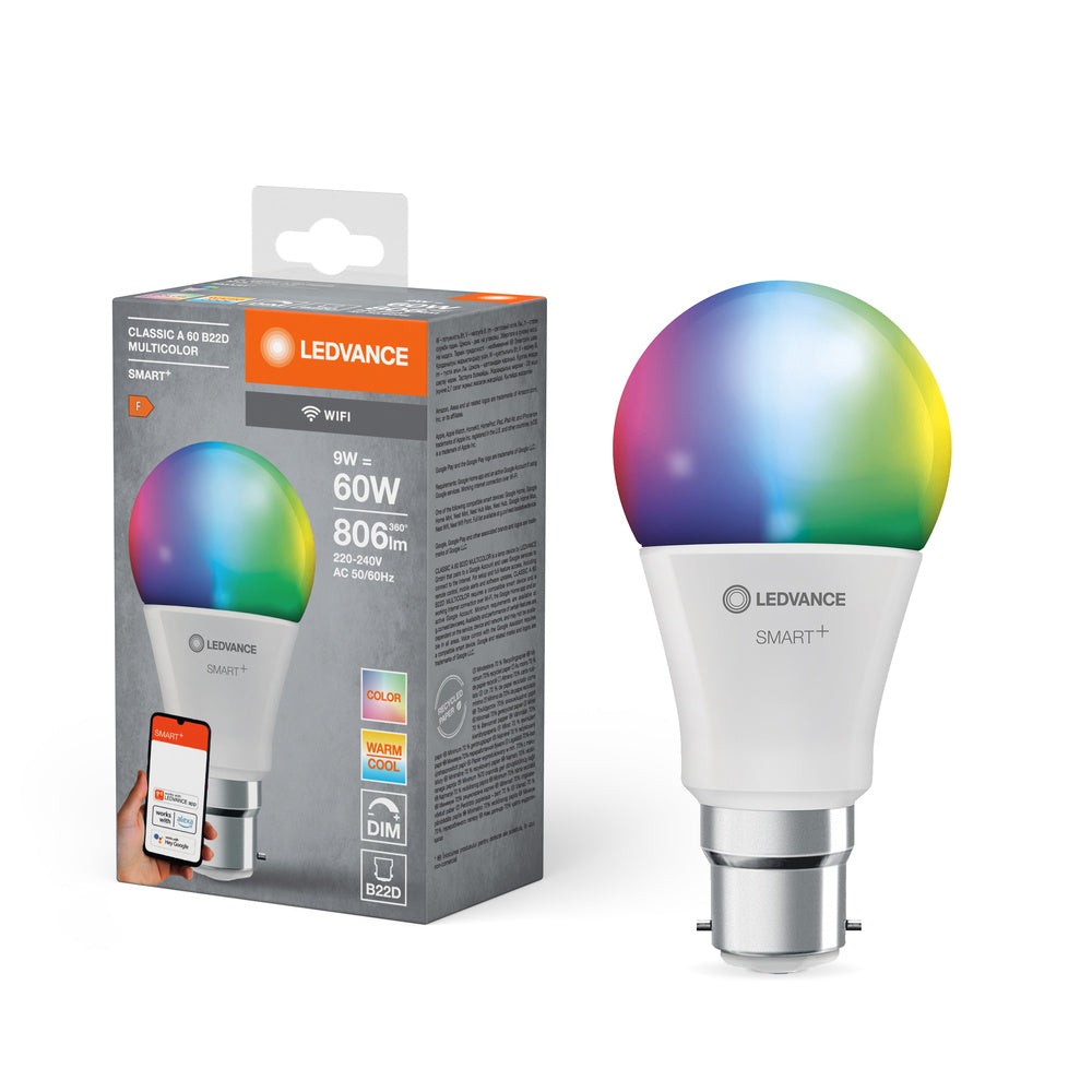LEDVANCE SMART+ Wifi Classic LED Lampe RGBW FR B22D 9W, 806 lm, 2700…6500 K, RGBW