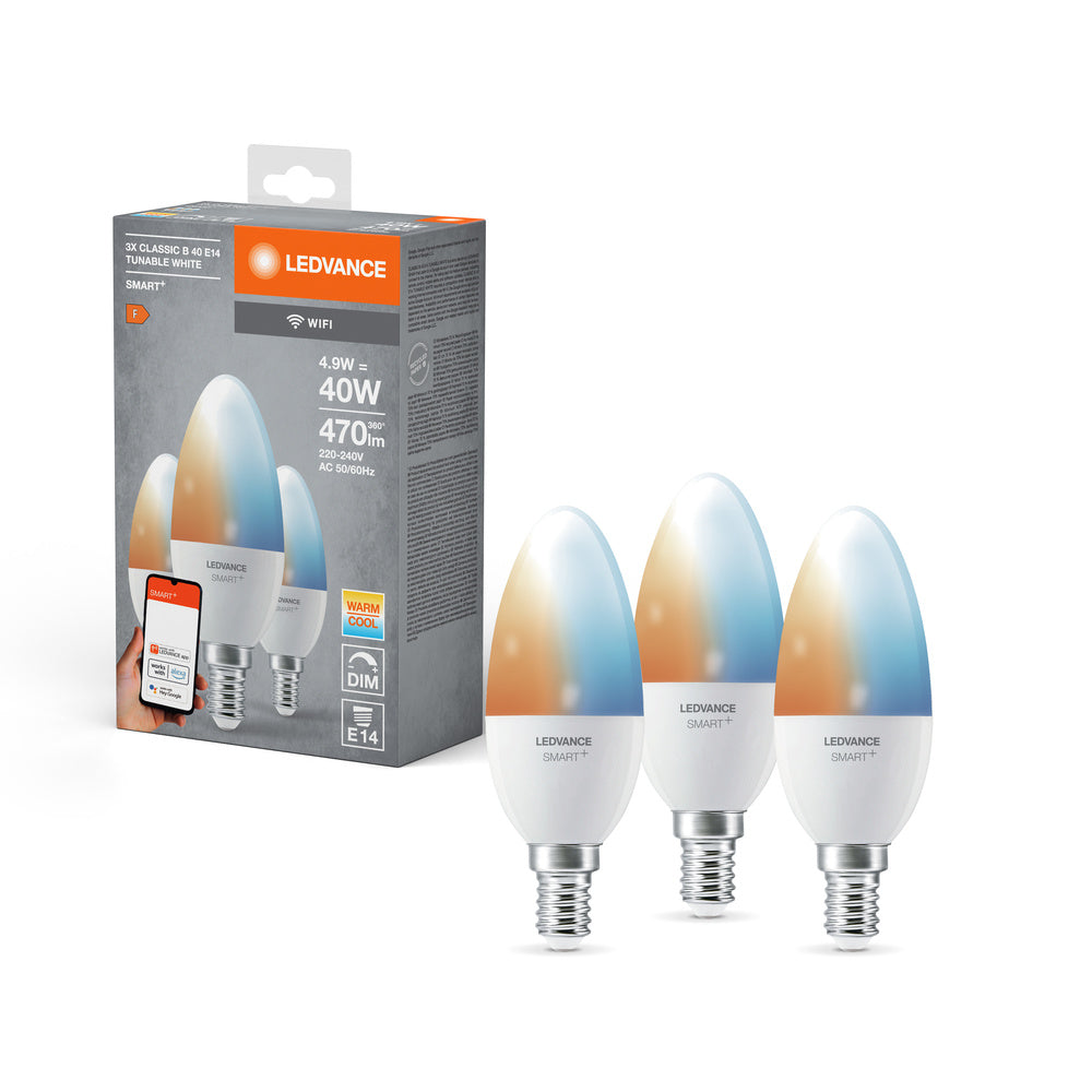 LEDVANCE SMART+ Lampada LED Candela Wifi TW FR E14, 4,9W 470 lm, 2700…6500 K, Bianco Regolabile, Confezione da 3