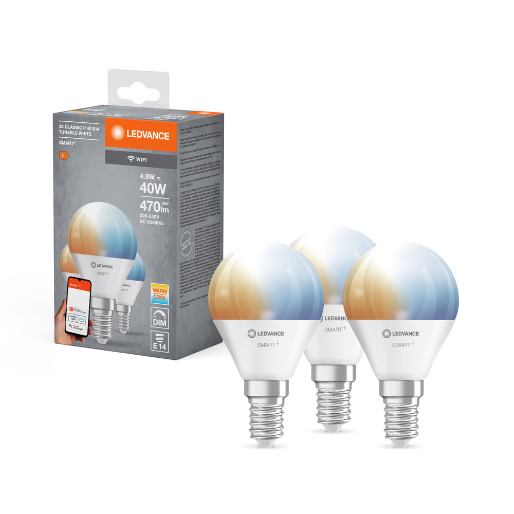 LEDVANCE SMART+ Wifi Mini Bulb LED Lampe TW FR E14 4,9W 470 lm, 2700…6500 K, Tunable White, 3er Pack