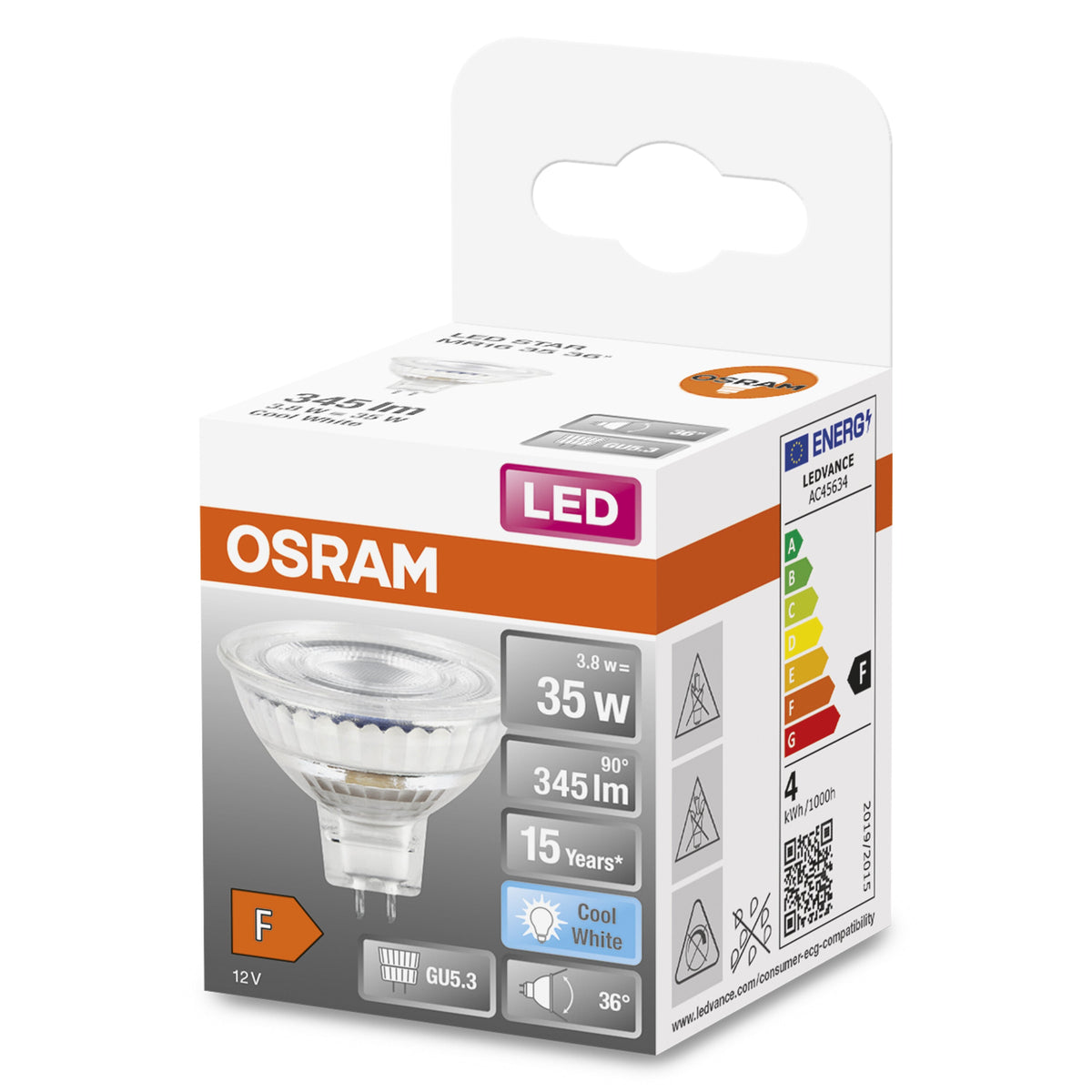 Lampada con riflettore LED OSRAM MR16 con attacco GU5.3, bianco freddo (4000K), spot in vetro, 3,80 W, ricambio per lampada con riflettore da 35 W, LED STAR MR16 12 V