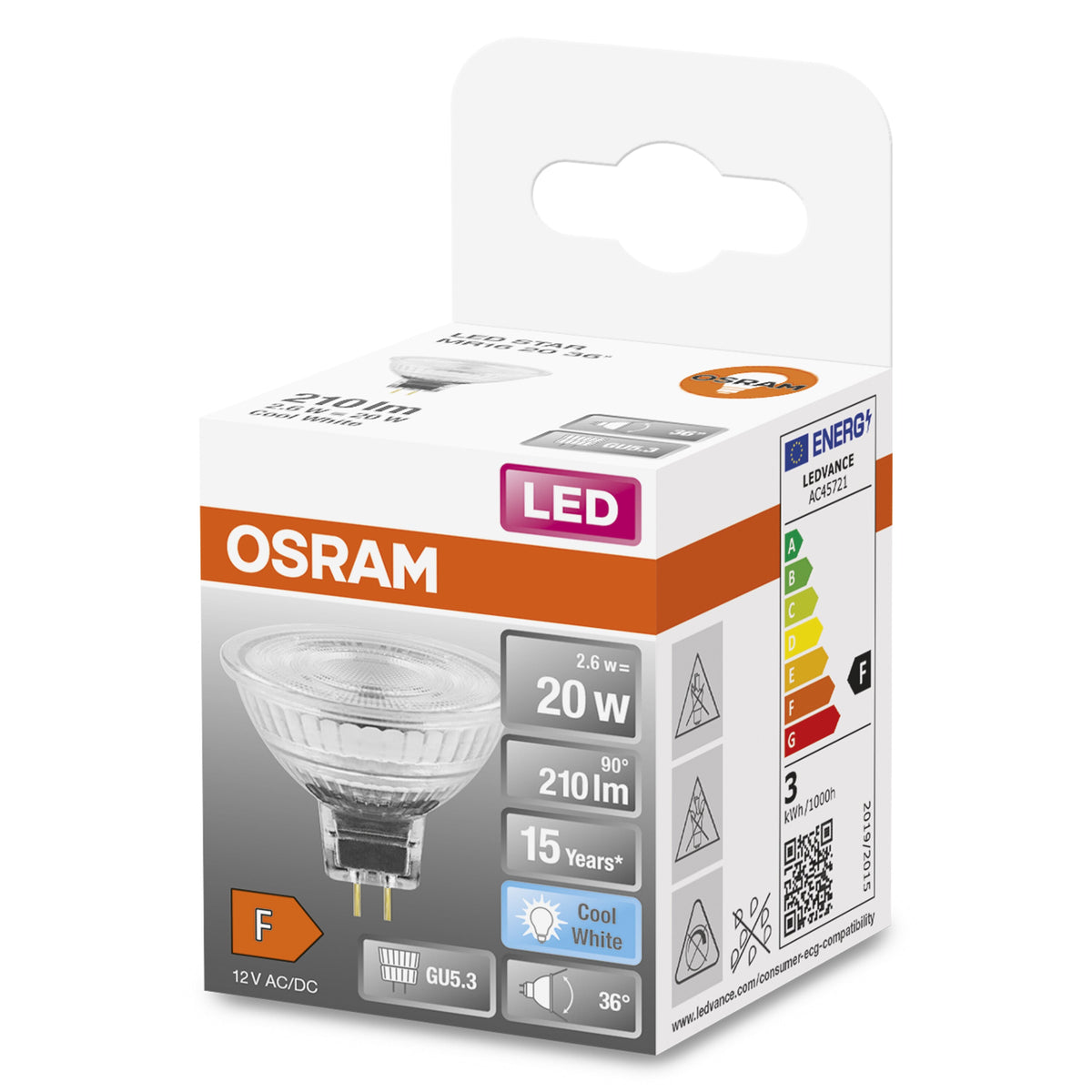 OSRAM MR16 LED Reflektorlampe mit GU5.3 Sockel, Kaltweiss (4000K), Glas Spot, 2.6W, Ersatz für 20W-Reflektorlampe, LED STAR MR16 12 V