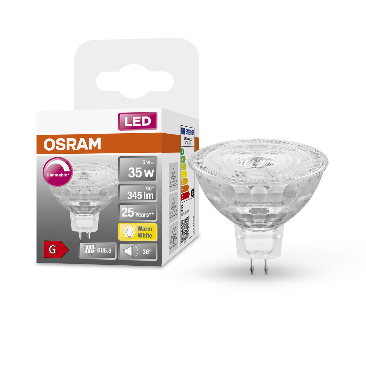Lampada con riflettore OSRAM Superstar per attacco GU5.3, vetro trasparente, bianco caldo (2700K), 345 lumen, ricambio per lampadine convenzionali da 35 W, dimmerabile, confezione da 1