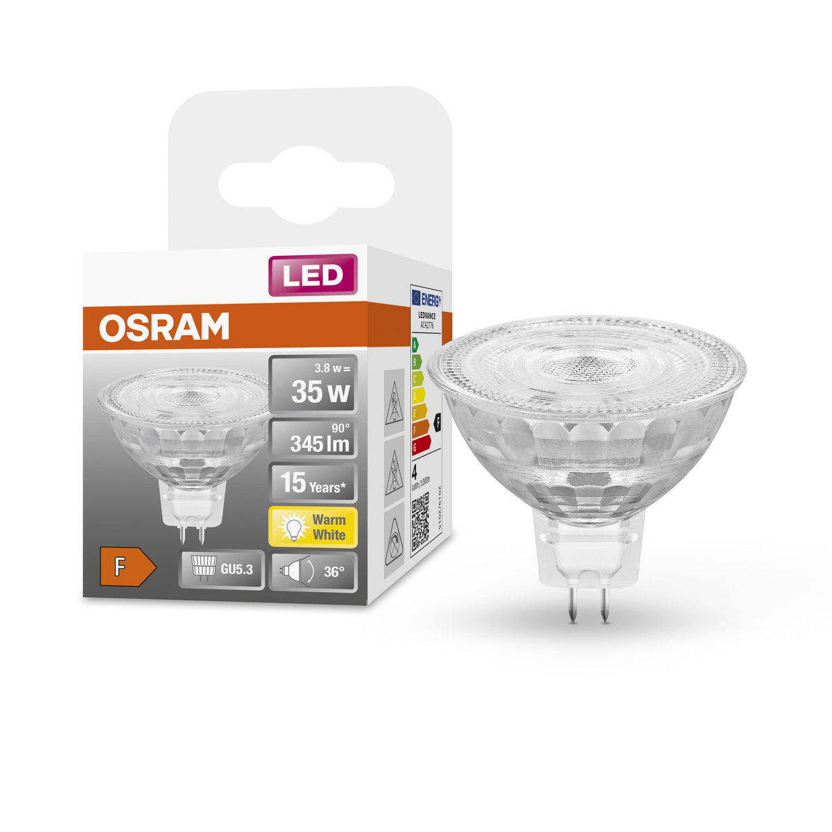 Lampada con riflettore LED OSRAM MR16 con attacco GU5.3, bianco caldo (2700K), spot in vetro, 3,80 W, ricambio per lampada con riflettore da 35 W