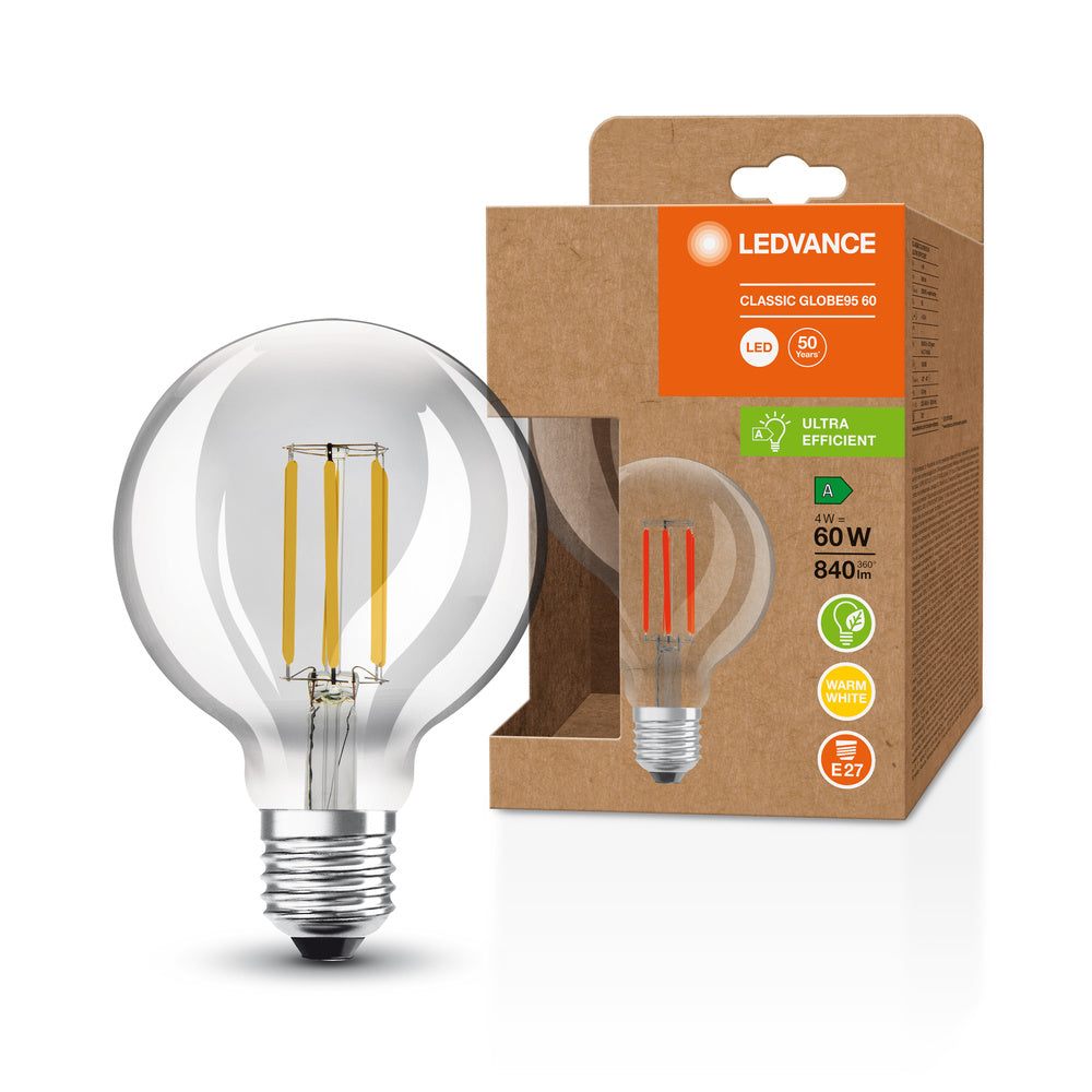 Lampada LED classe di efficienza energetica A Filamento Classic Globo Trasparente, 4W/3000K