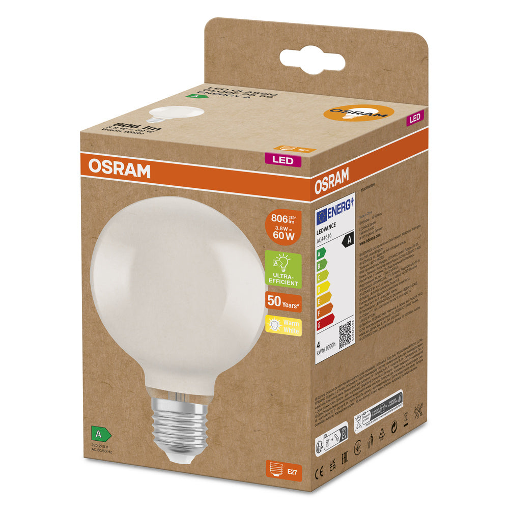 OSRAM LED Lampe Energieeffizienzklasse A Filament Classic Globe Matt, 4W/3000K, E27