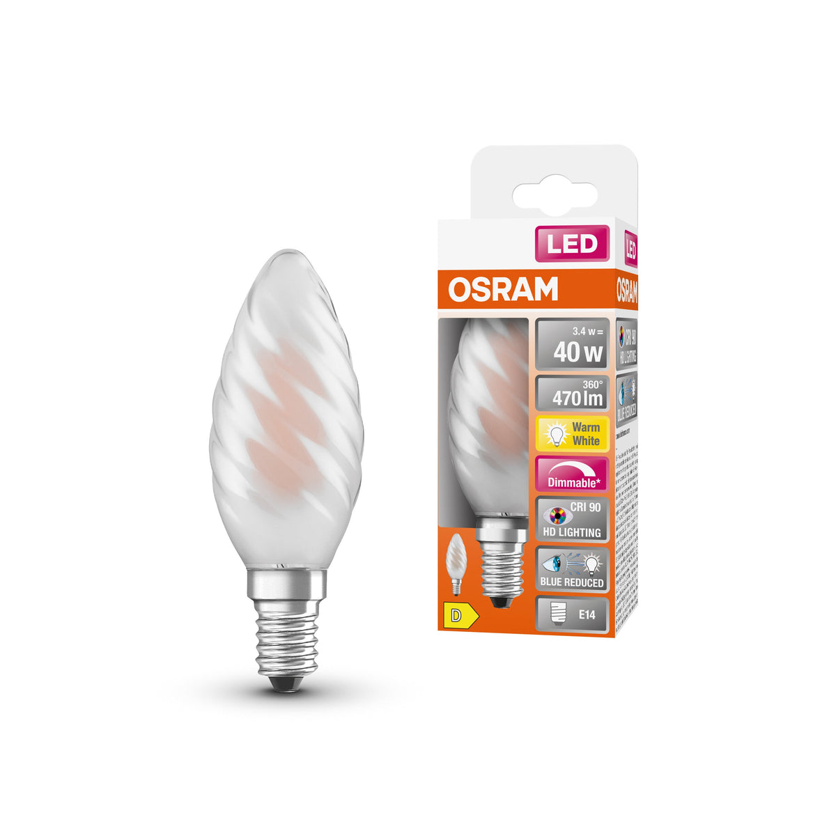 OSRAM Dimmbare LED-Lampe LED SUPERSTAR+ CL BW GL FR 40 dim 3,4W/927 E14 CRI90 BOX