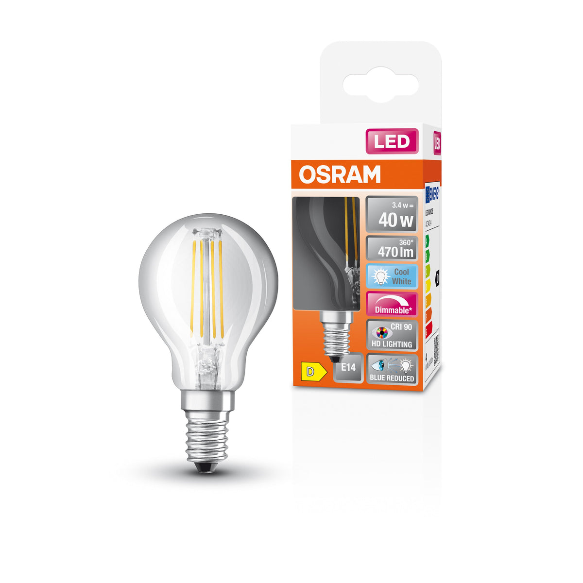 OSRAM FILAMENT LED-Lampe LED SUPERSTAR+ CL P GL FR 40 dim 3,4W/927 E14 CRI90 BOX
