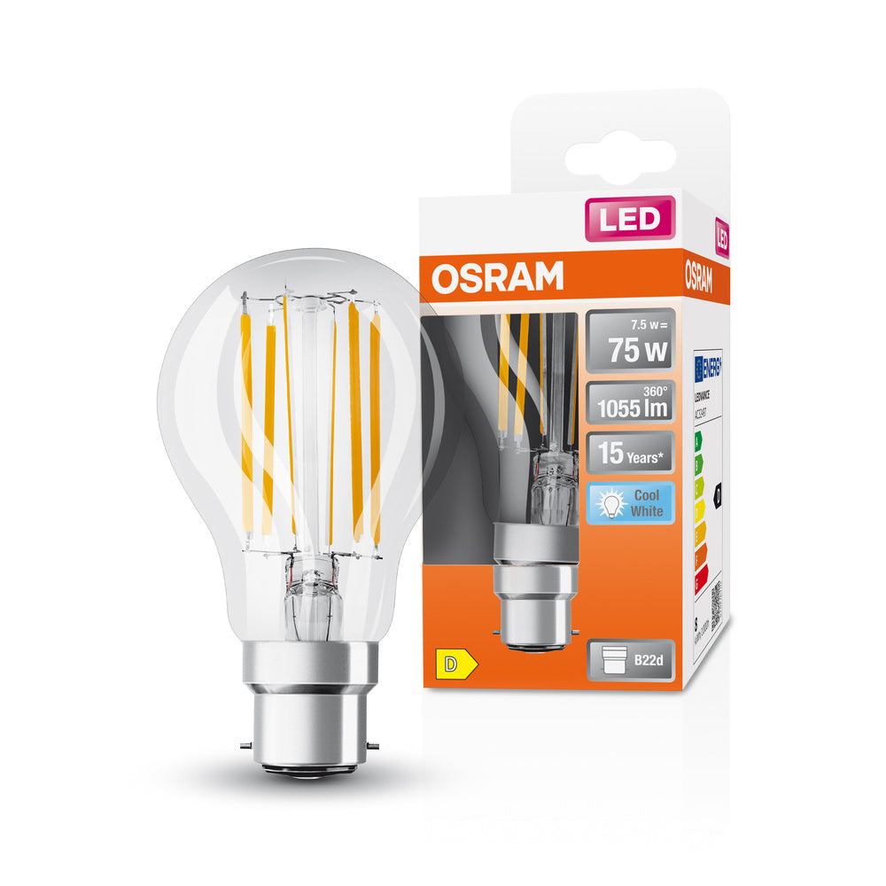 OSRAM LED Lampe LED Retrofit CLASSIC A 7.5W 840 Clear B22d, 1055 lm, 4000 K, Kaltweiß