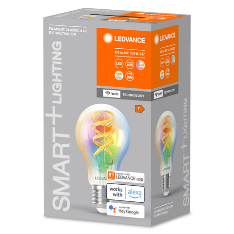 LEDVANCE SMART+ WIFI LED-Lampe, Weißglas, 4,8W, 470lm, klassische Glühlampenform mit E27-Sockel, regulierbares Farblicht & Weißlicht, dimmbar, steuerbar per App oder Sprachsteuerung, gute Lebensdauer
