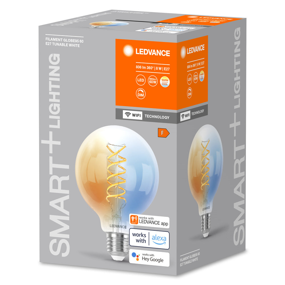 Lampada LED LEDVANCE SMART+ WIFI, vetro bianco, 8 W, 806 lm, forma sferica con diametro di 95 mm e attacco E27, luce bianca regolabile (2700-6500 K), dimmerabile, controllo tramite app o vocale, durata di 15.000 ore