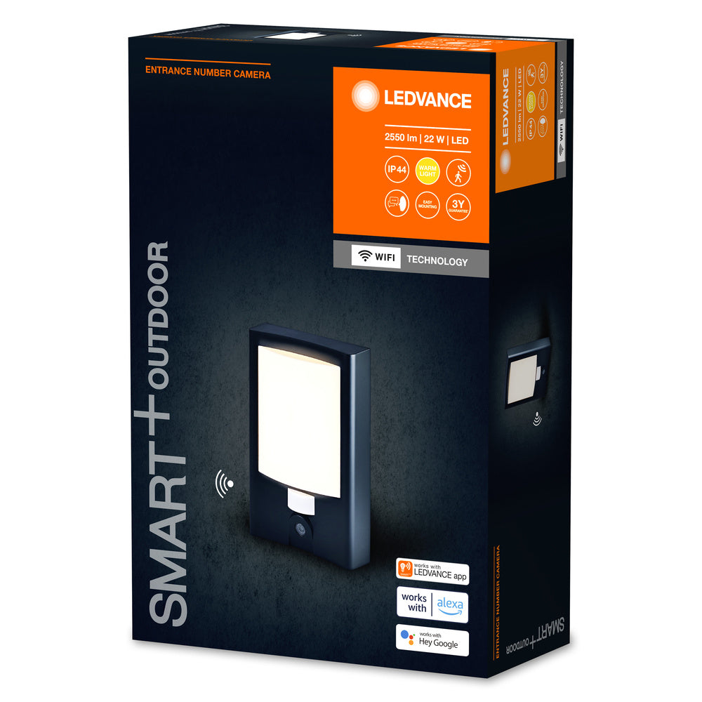 LEDVANCE SMART+ Outdoor Wandleuchte + Hausnummer &amp; Kamera, warmweißes Licht (3000K), hochwertiges Polycarbonatgehäuse in dunkelgrau, integrierter Lautsprecher, Memory Card, smarte WIFI-Technologie