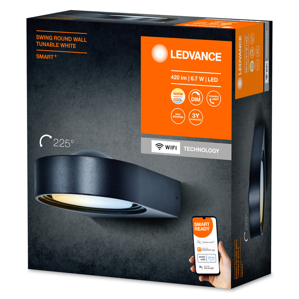 Lampada da parete WiFi LEDVANCE SMART+ per esterni 6,7 W, 420 lm, grigia, luce bianca regolabile e 16 milioni di colori, dimmerabile, con testa della lampada regolabile, controllabile tramite app, compatibile con Amazon, Google e Co.