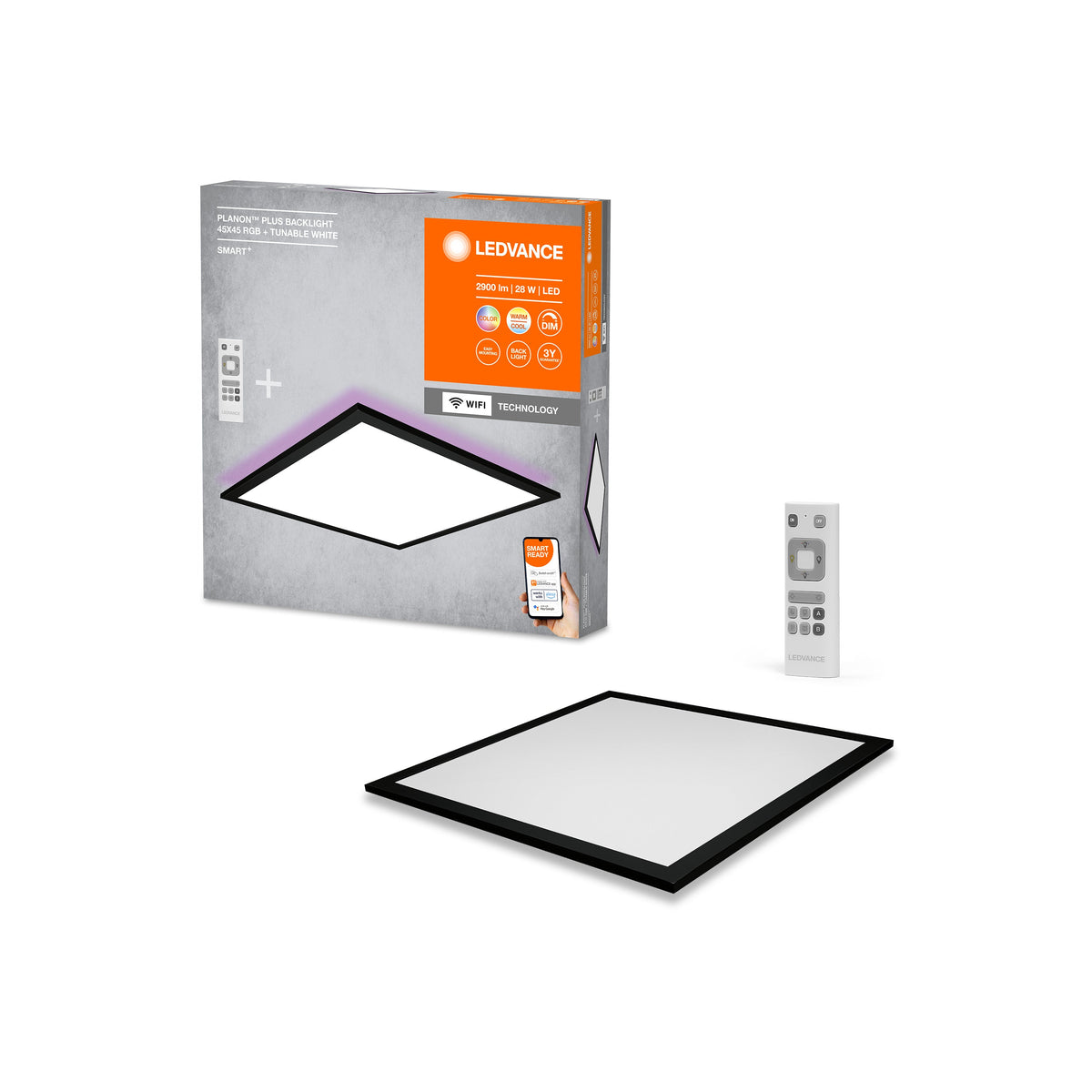 Plafoniera LEDVANCE LED WiFi nera, 28W, 2000LM, 3000-6500K, 45x45 cm, lampada da parete dimmerabile, tecnologia RGB, Smart+Planon, controllabile tramite app o assistente vocale come Alexa o Google,