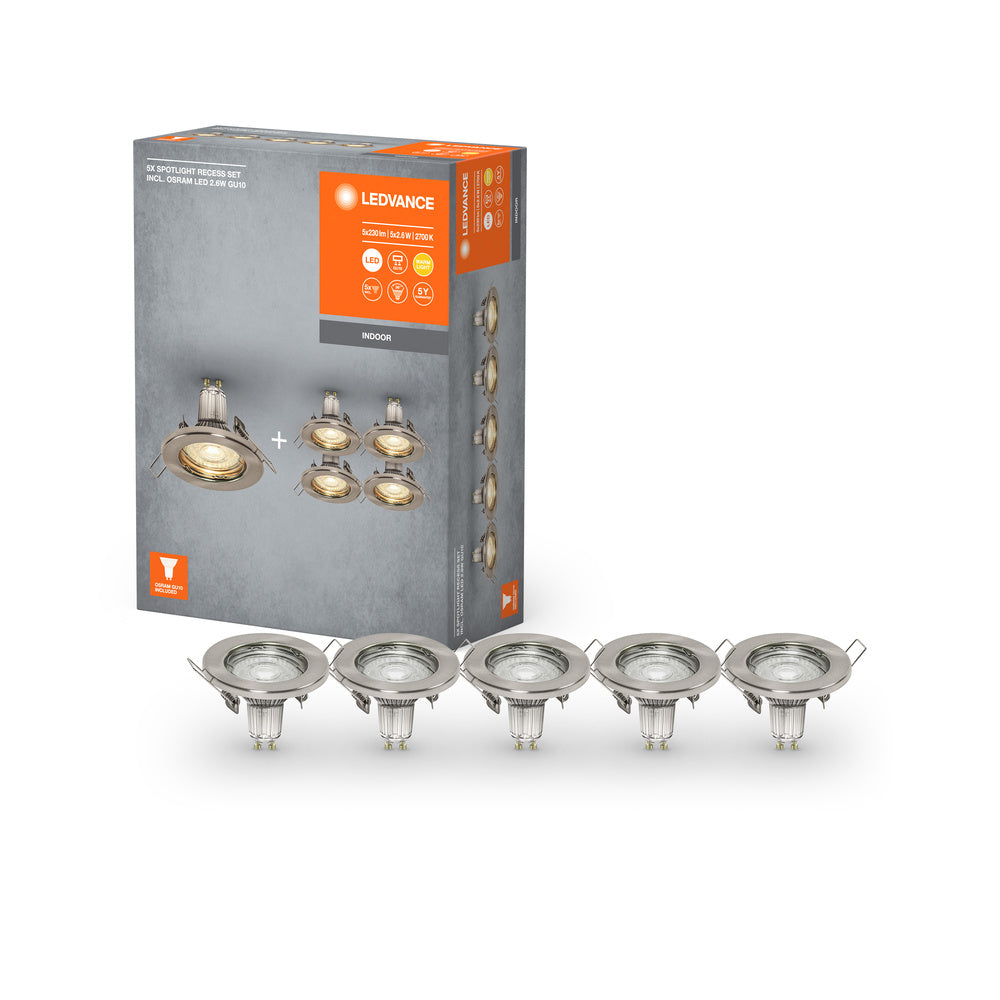 LEDVANCE Spot Einbauleuchten im 5er-Pack, inkl. 5x GU10-OSRAM Leuchtmittel (5x 2.6W), gebürstetes Nickel, metallisches Gehäuse, IP20-Schutz