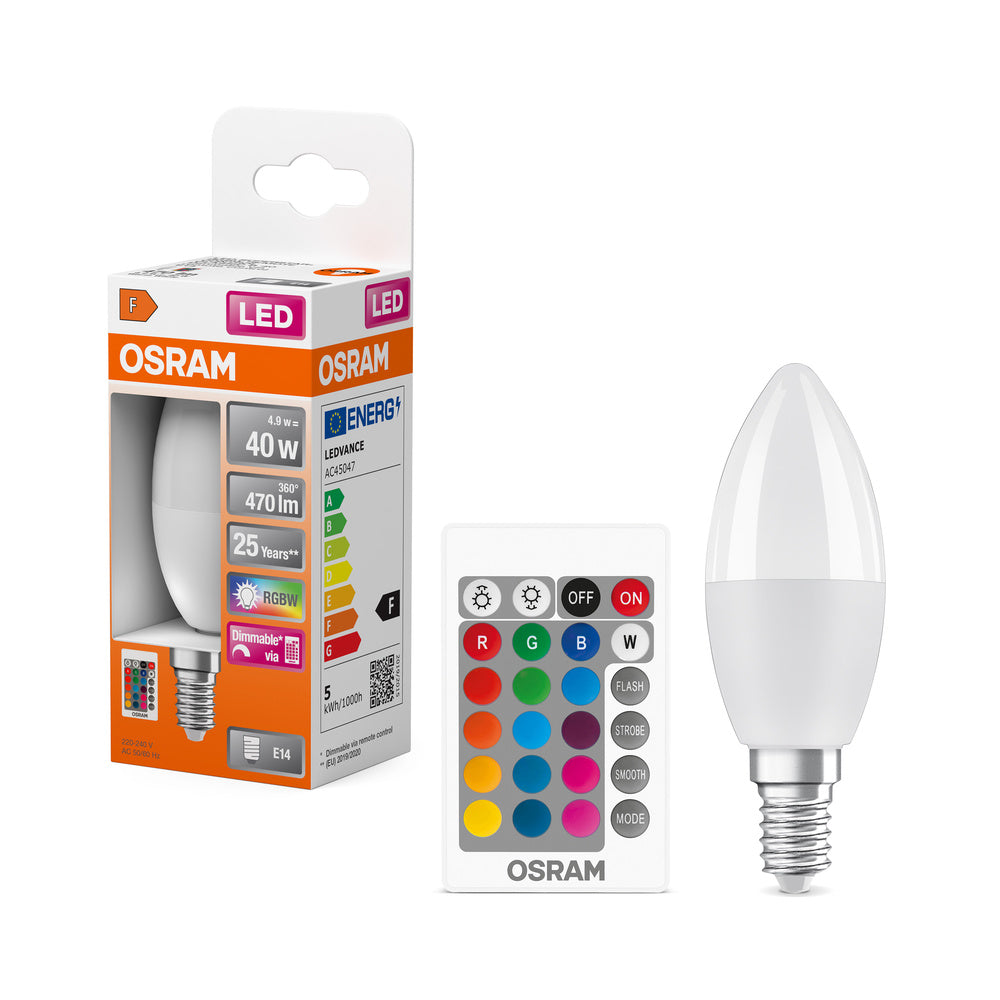 OSRAM LED Lampada LED Retrofit RGBW con telecomando 4,9W 827 Opalino E14, 470 lm, 2700 K, Bianco caldo